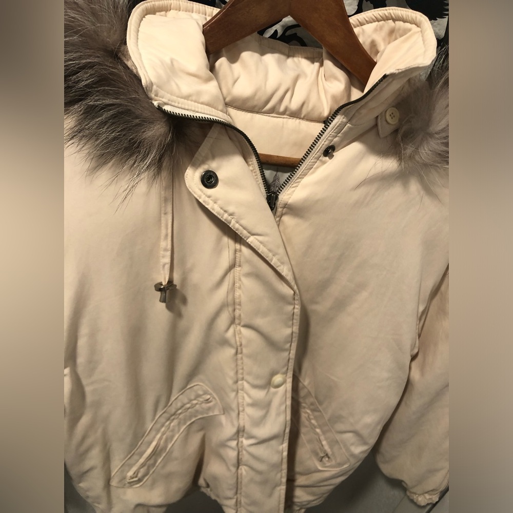 London Fog Cream Hooded Puffer Jacket with Faux Fur Trim- Oversized